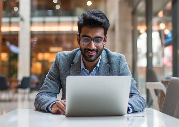 man sitting at table with laptop